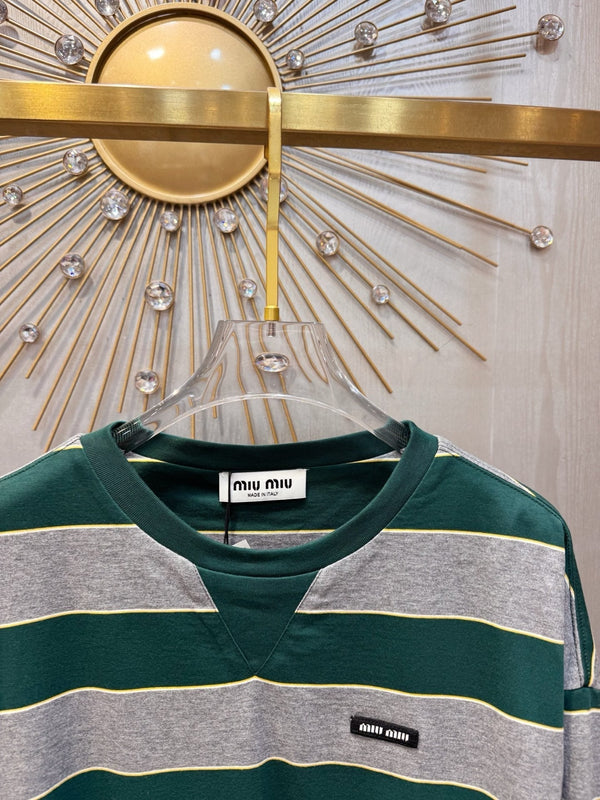 T-shirt Miumiu 2026 rayé manches longues vert mélangé gris coton