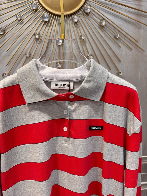 Miumiu 2026 Striped Polo Shirt Red and Grey Cotton
