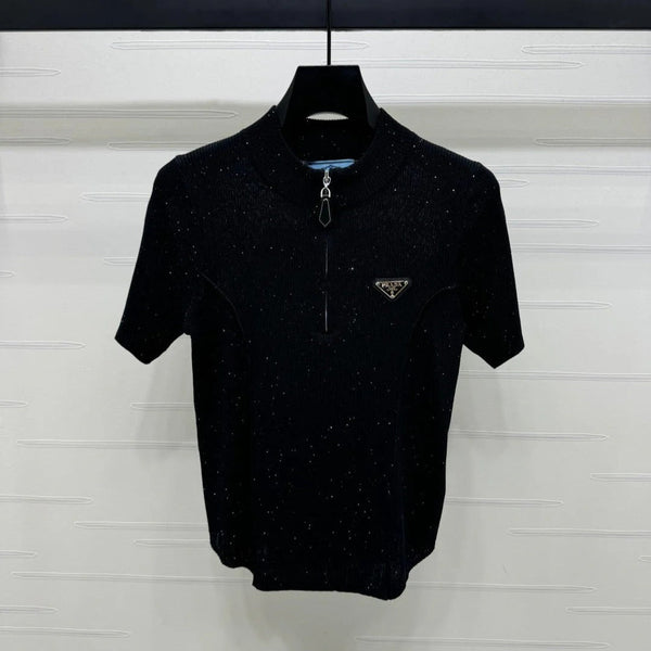 PRADA MOCK NECK SHORT-SLEEVE KNIT TOP BLACK 274816