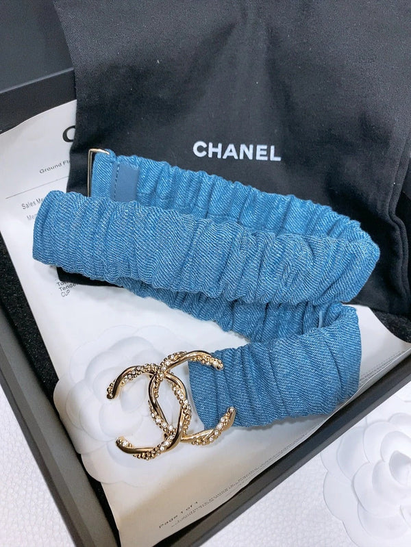 CINTURA ELASTICA DOPPIA C 30MM IN DENIM BLU FIBBIA CON CRISTALLI ORO