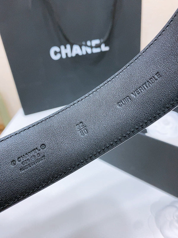 DOUBLE C BELT 38MM IN BLACK QUILTED LAMBSKIN GOLD OVAL BUCKLE CENTERED BLACK LOGO