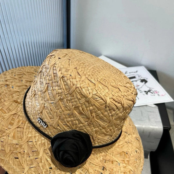 CAPPELLO DI PAGLIA MM IN RAFIA BEIGE CON DECORO DI FIORI NERI