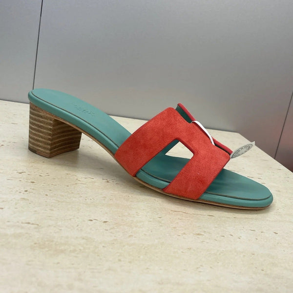 HM 26ss Sandales Oran 45 Turquoise Rouge Daim Cuir de vachette 607212