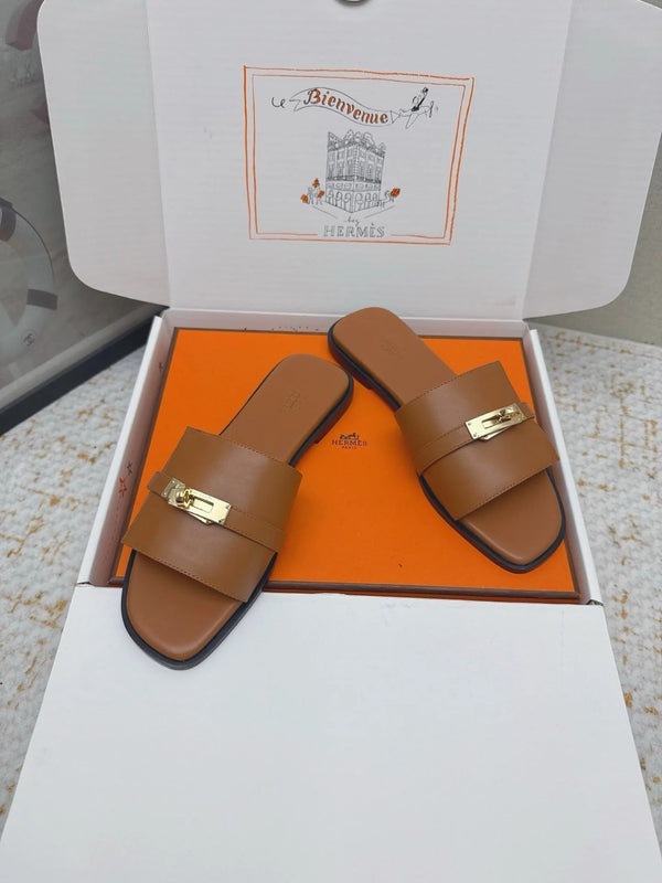 HM 26ss Oasis Sandals Brown Sheepskin Gold Buckle 625160