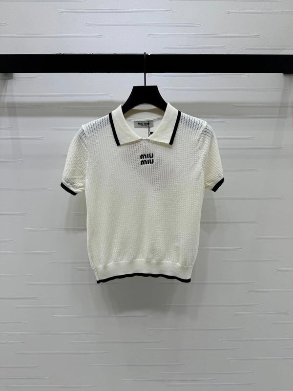 Miu 2026 Hollow-out Knitted Collared Short-sleeved Top Wool 385409