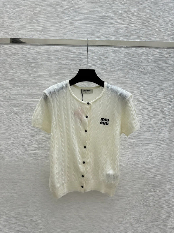 Miumiu 2026 Knit Short-sleeved Cardigan White and Blue Wool