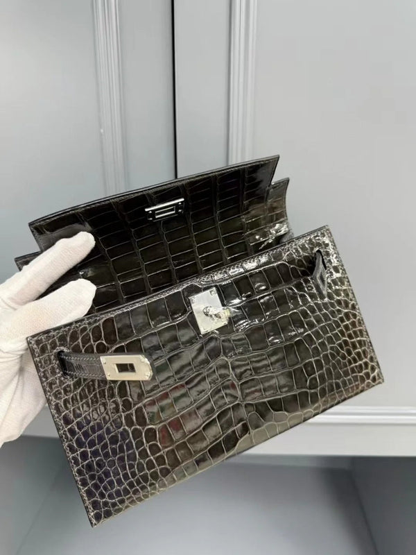 HM KELLY MINI 22 IN BROWN AMERICAN ALLIGATOR SILVER BUCKLE