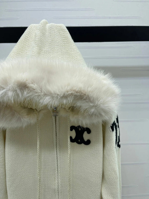 CELINE 25S HOODED CARDIGAN WITH FUR TRIM 0089