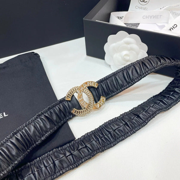 CINTURA ELASTICA DOPPIA C 30MM IN PELLE DI VITELLO NERA FIBBIA CON CRISTALLI ORO