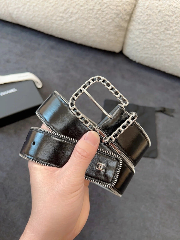 CINTURA 40MM IN PELLE DI VITELLO NERA CON FIBBIA A CATENA INTRECCIATA E CERNIERA CON FINITURE IN ARGENTO