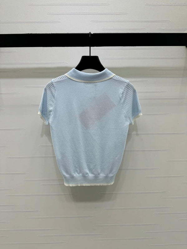 Miu 2026 Hollow-out Knitted Collared Short-sleeved Top Wool 385409