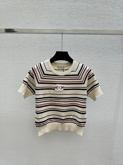 Chanel 2026 Pull Manches Courtes Laine Polyester Crème et Bleu Marine