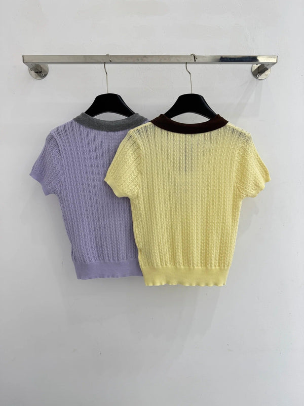 Chanel 2026 Haut à manches courtes et col polo en laine et polyester jaune et violet
