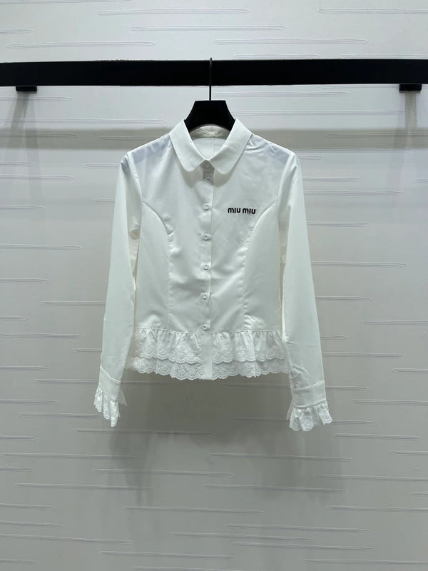 Chemise à manches longues brodée en dentelle Miumiu 2026 polyester noir et blanc 356380