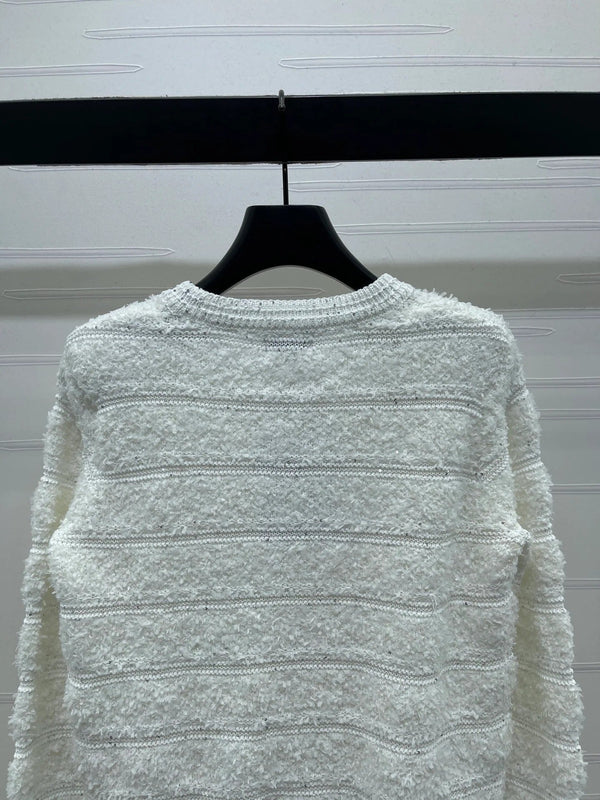 Cardigan Chanel 2026 en laine blanche à rayures et sequins, manches longues