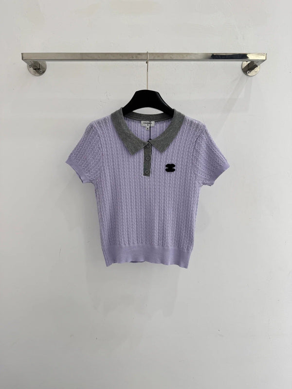 Chanel 2026 Haut à manches courtes et col polo en laine et polyester jaune et violet