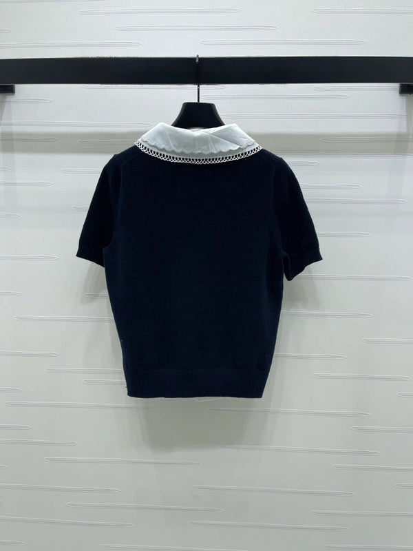 Miumiu 2026 T-shirt en maille à col claudine et manches courtes en laine gris et bleu marine