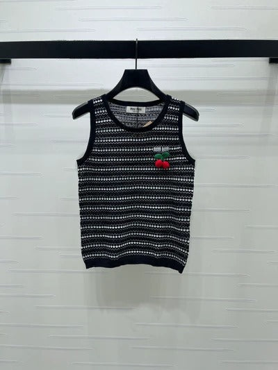 Miumiu 2026 Cherry-embroidered Knitted Sleeveless Crop Top Tencel Nylon