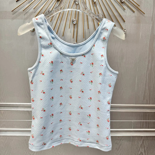 Prada 2026 Floral Print Vest Light Blue Cotton