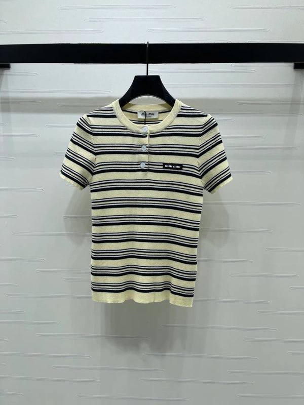 Haut à manches courtes en maille rayée Miumiu 2026 Laine Tencel Crème et Noir 356453