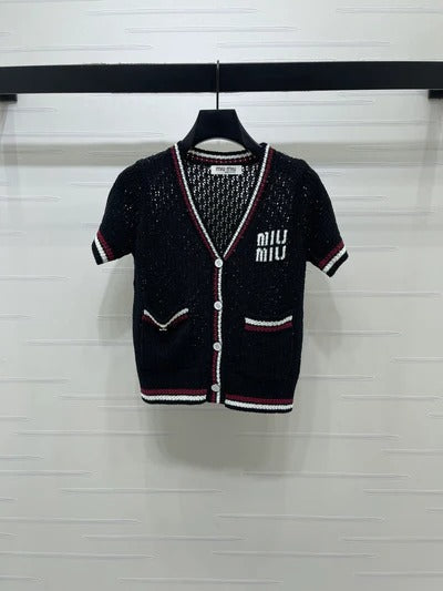 Miumiu 2026 Hollow V-neckline Cardigan Black White Pink Wool