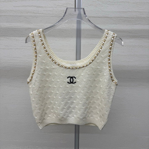 Chanel 2026 Top en maille sans manches Laine crème et noire 356946