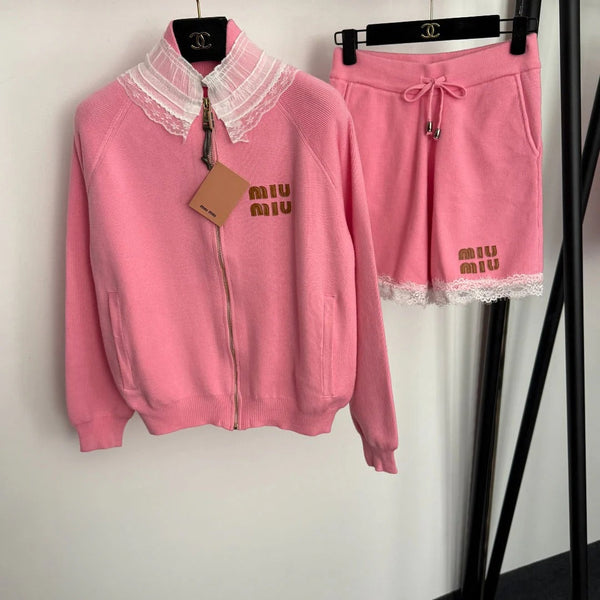 MIUMIU KNIT CARDIGAN AND SHORTS SET