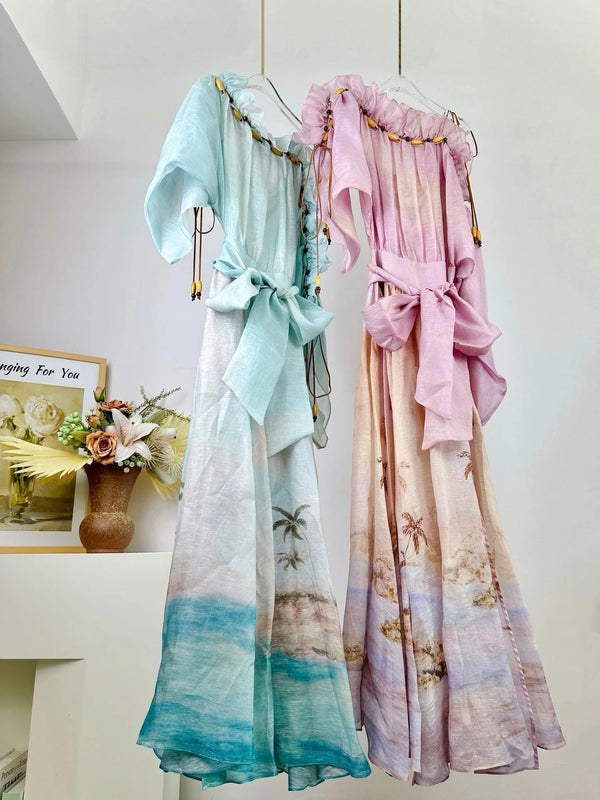 ROBE MIDI EN SOIE ZIMMER BLEU-VERT PASTEL ET VIOLET CLAIR