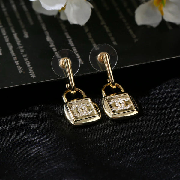 CC Lock Shaped Gold Diamond Earring