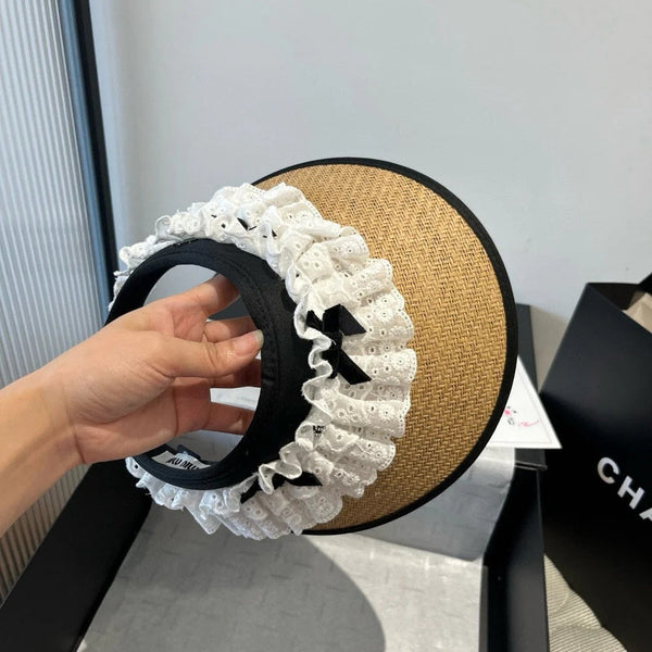 CAPPELLO DI PAGLIA APERTO MM IN TESSUTO CON OCCHIELLI BIANCO MIX BEIGE