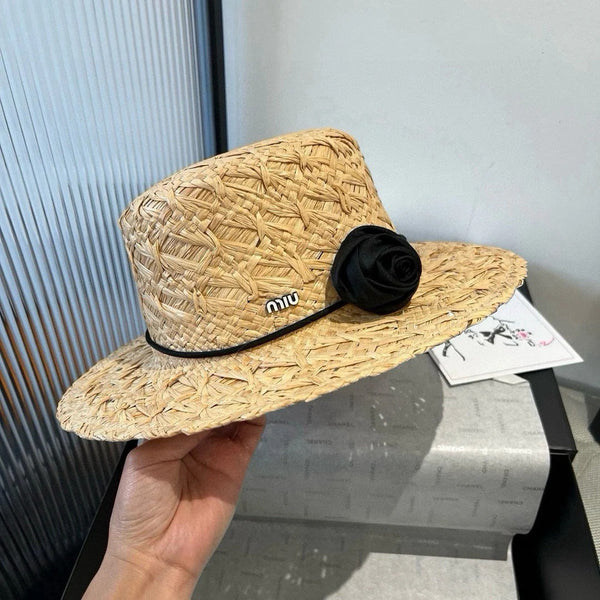 CAPPELLO DI PAGLIA MM IN RAFIA BEIGE CON DECORO DI FIORI NERI
