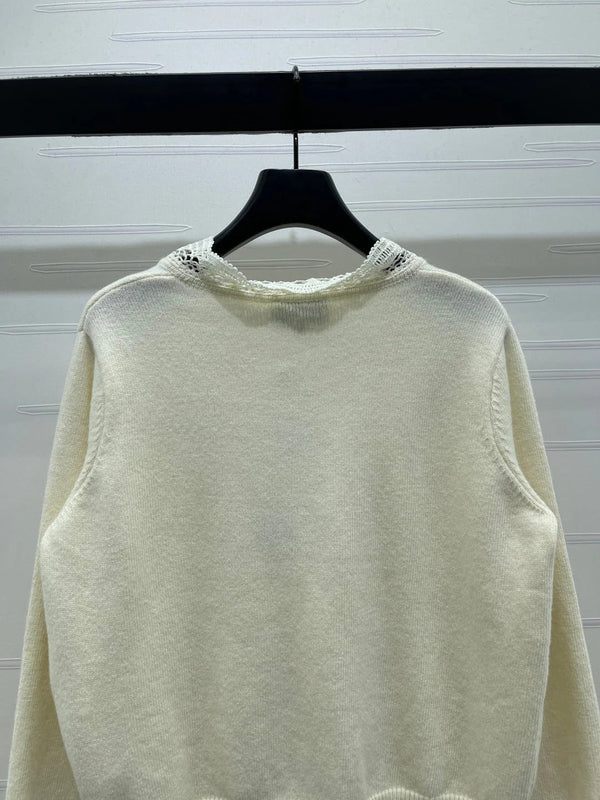 CC 26 Gilet en maille bordé de dentelle Crème Laine 340798