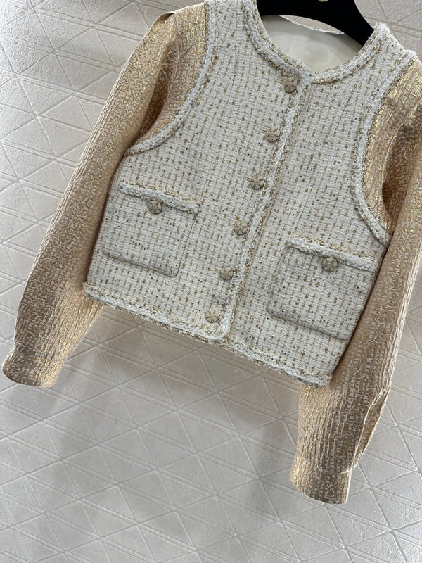 CC 26 Gilet Veste Patchwork Beige Blanc Laine Coton 331228
