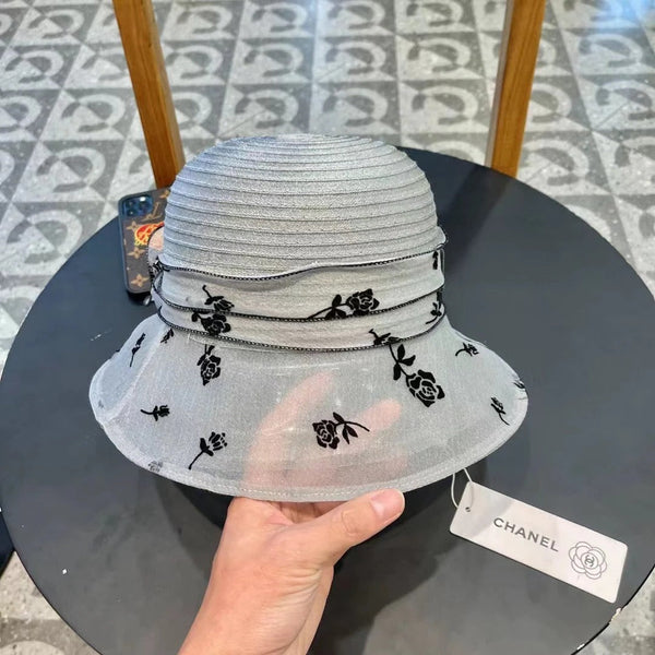 STRAW HAT WITH CHIFFON FLOWER VINTAGE GRAY 672759