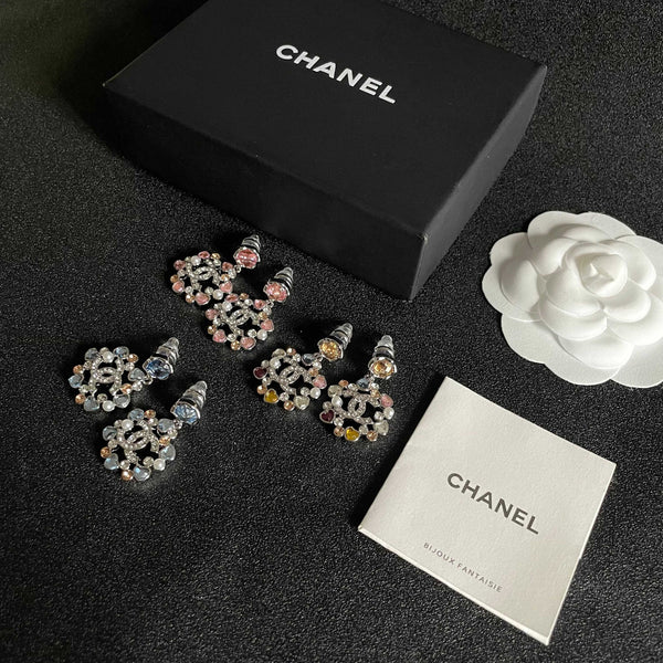 DOUBLE C STUD EARRINGS IN SILVER METAL WHITE PEARL MULTICOLOR STONES