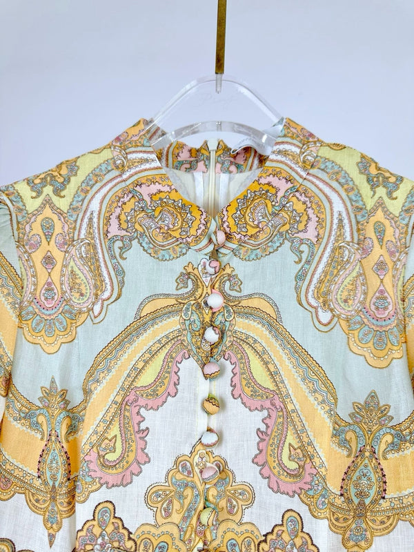 HIGH-NECK LONG-SLEEVE PRINTED DRESS IN PURPLE AND YELLOW