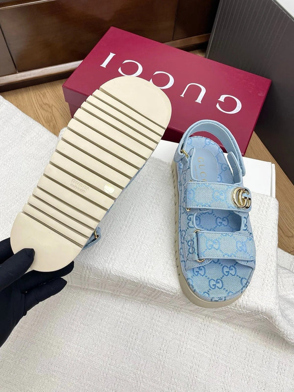 GG CLASSIC SANDALS 25S IN SKY BLUE FABRIC WITH GOLD HARDWARE