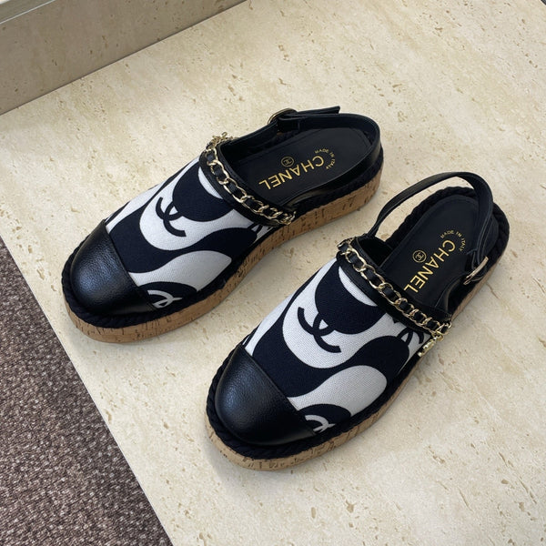 CC 26 Slingback Espadrilles Black Sheepskin Canvas 607462