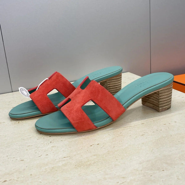 HM 26ss Sandales Oran 45 Turquoise Rouge Daim Cuir de vachette 607212