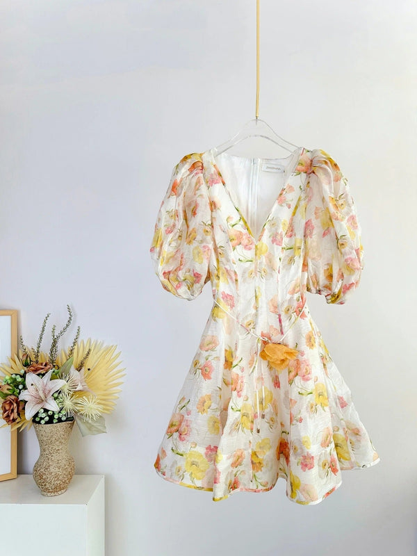 SHORT-SLEEVE V-NECK FLORAL PRINT DRESS 266380