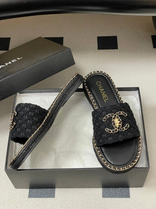 CC 26s Ballerines Plates Tissu Noir Or Peau de Mouton 649487