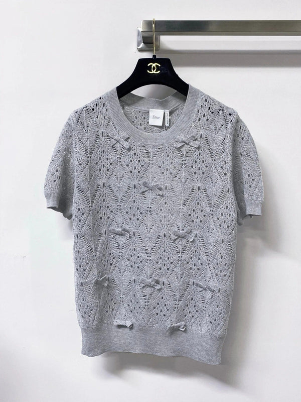 CD 2026 Openwork Lace Knit Short-Sleeve Top Bow Details 479896