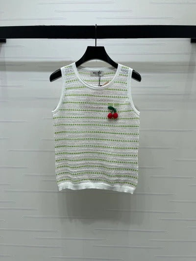 Miumiu 2026 Cherry-embroidered Knitted Sleeveless Crop Top Tencel Nylon
