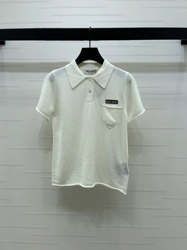 Pull à manches courtes en maille à col Miumiu 2026 en cachemire crème et gris