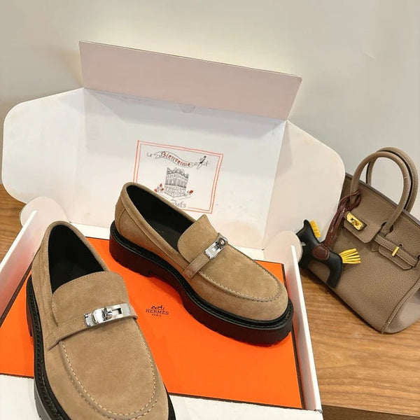 HM 26ss Loafers Beige Suede Sliver Buckle 638431