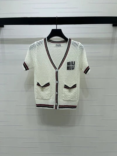 Miumiu 2026 Hollow V-neckline Cardigan Black White Pink Wool