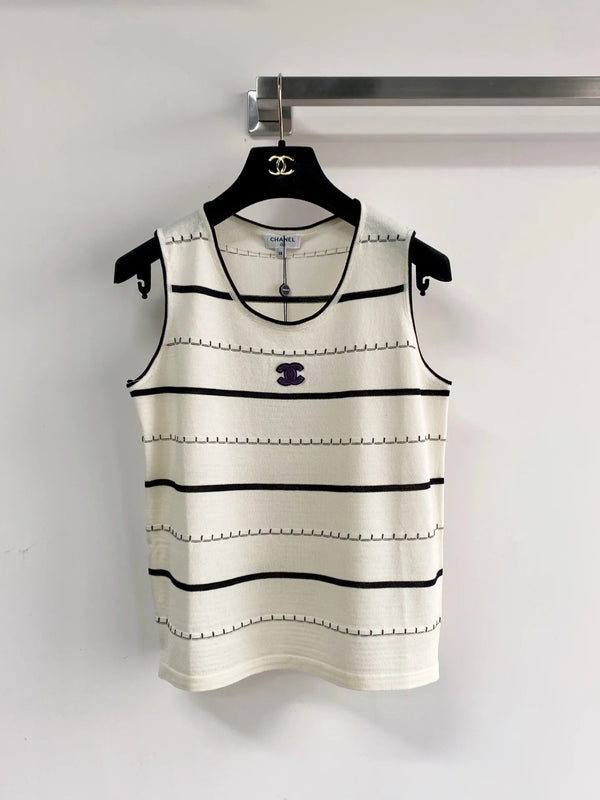 Chanel 2026 Black And White Striped Knit Tank Top Wool Cashmere