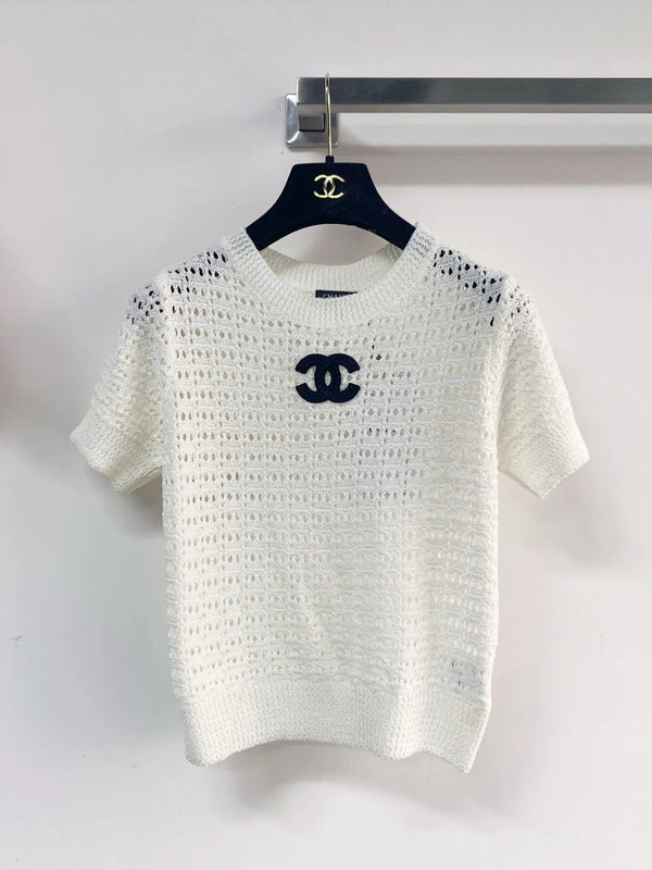 Chanel 2026 Chemise à manches courtes ajourée Rose Noir Blanc Laine Cachemire