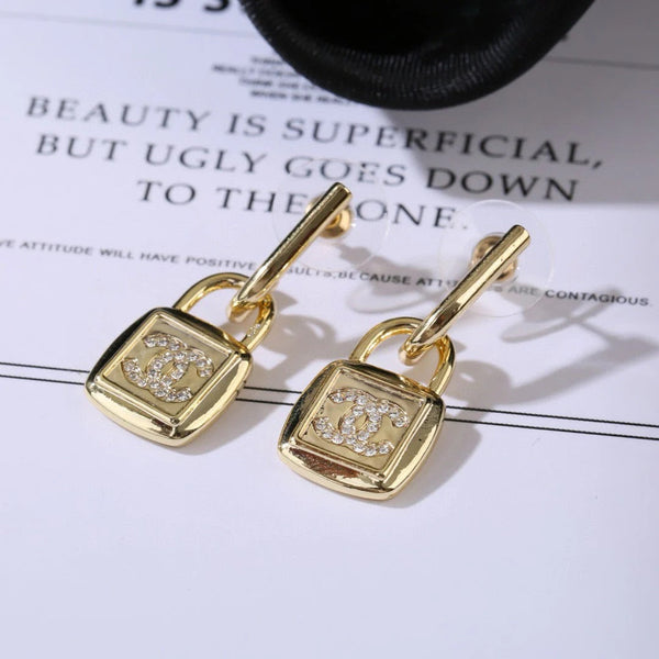 CC Lock Shaped Gold Diamond Earring