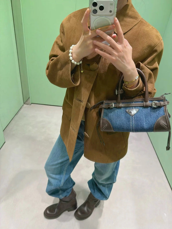 Prada 2026 Bonnie Bag 24cm Blue Brown Denim Leather